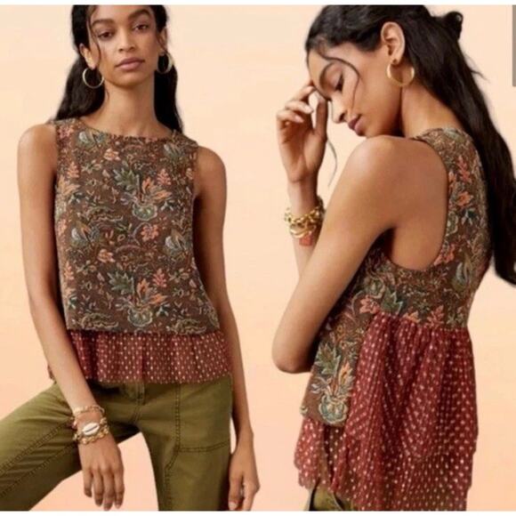 Eva Franco Anthropologie Jacquard Floral Mesh Peplum Top Brown XS Cottage - Picture 1 of 11
